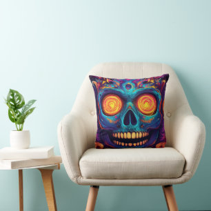 Cojín Decorativo Arte psicodélico de la calavera azucarera - Día de