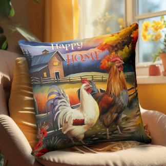 Cojín Decorativo Arte rural de granja de pollo con gallo