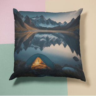 Cojín Decorativo Arte temático de camping de tienda, montañas y lag
