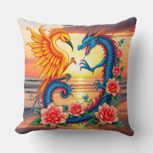 Cojín Decorativo Arte vibrante del dragón y el fénix con flores
