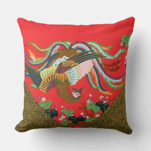 Cojín Decorativo Arte vintage del pájaro fénix rojo japonés G.A. Au