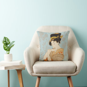 Cojín Decorativo Artista japonés vintage de Chica Geisha en Kimono