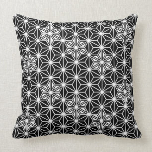 Cojín Decorativo Asanoha japonés o patrón estelar, blanco y negro