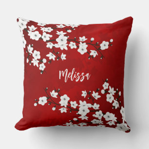 Cojín Decorativo Asia Floral White Cherry Blossom Red Add Name