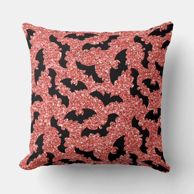 COJÍN DECORATIVO ASPECTO DE BRILLO ROJO CON MURCIÉLAGOS NEGROS (Anverso)