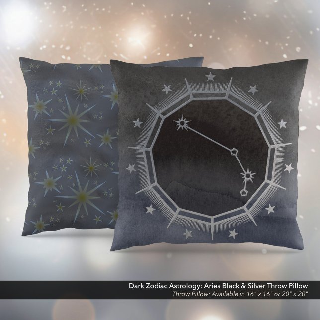 Cojín Decorativo Astrología Zodiaca Oscura: Aries Negro y Plata (Dark Zodiac Astrology: Aries Black & Silver Square Throw Pillow)