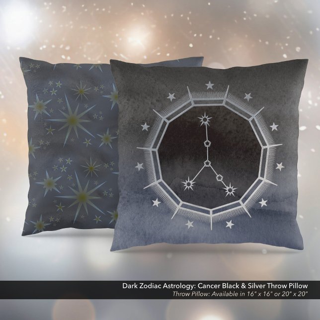 Cojín Decorativo Astrología zodiaca oscura: cáncer negro y plata (Dark Zodiac Astrology: Cancer Black & Silver Square Throw Pillow)