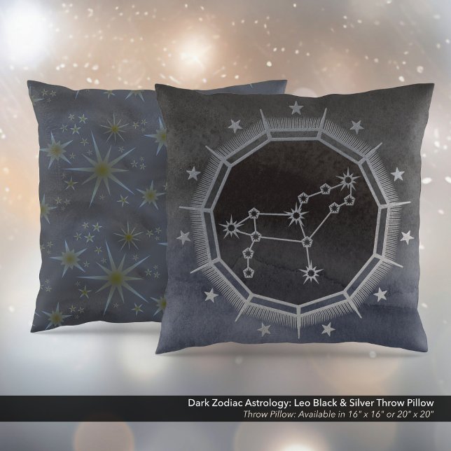 Cojín Decorativo Astrología Zodiaca Oscura: León negro y plata (Dark Zodiac Astrology: Leo Black & Silver Square Throw Pillow)