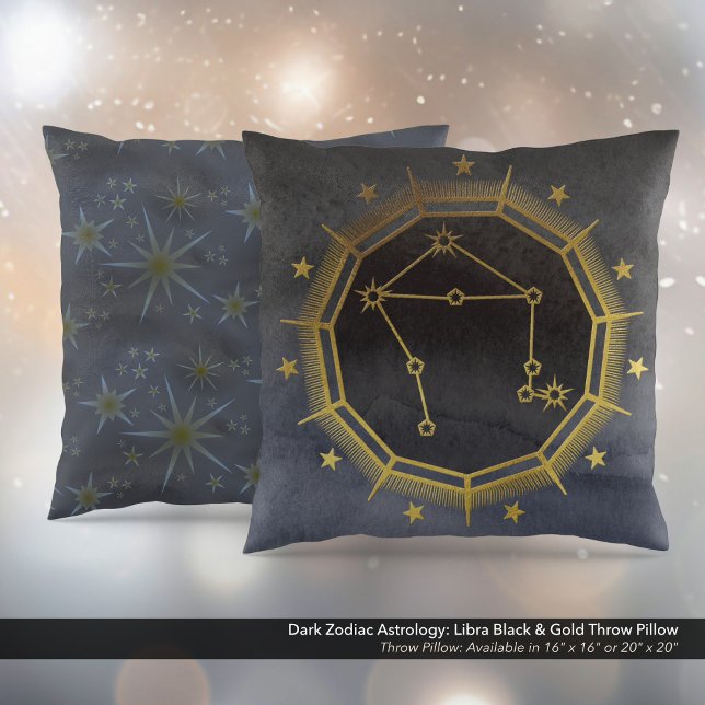 Cojín Decorativo Astrología zodiaca oscura: Libra negra y oro (Dark Zodiac Astrology: Libra Black & Gold Square Throw Pillow)