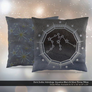 Cojín Decorativo Astrología zodiaca oscura: negro acuario y plata