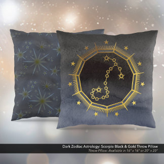 Cojín Decorativo Astrología zodiaca oscura: negro escorpión y oro