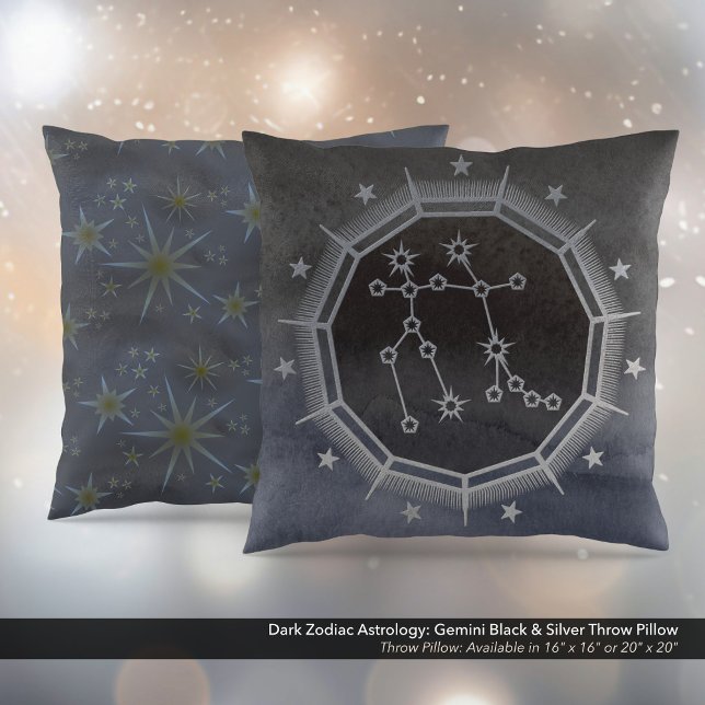 Cojín Decorativo Astrología zodiaca oscura: negro y plateado gémini (Dark Zodiac Astrology: Gemini Black & Silver Square Throw Pillow)