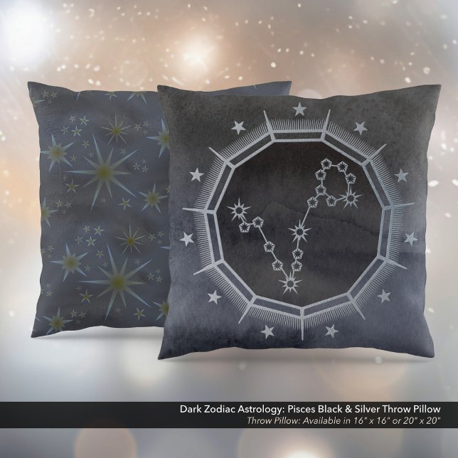 Cojín Decorativo Astrología zodiaca oscura: Pisces negro y plateado (Dark Zodiac Astrology: Pisces Black & Silver Square Throw Pillow)