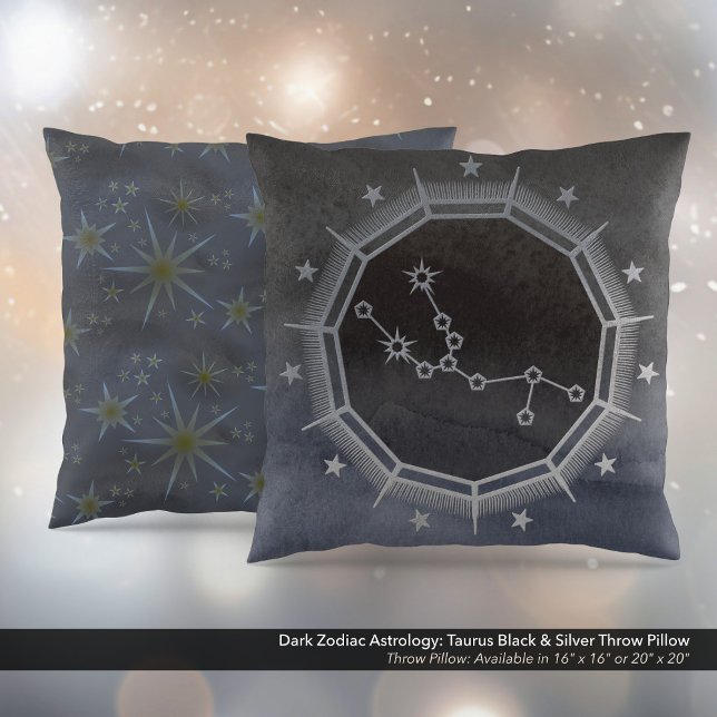 Cojín Decorativo Astrología zodiaca oscura: Taurus negro y plateado (Dark Zodiac Astrology: Taurus Black & Silver Square Throw Pillow)