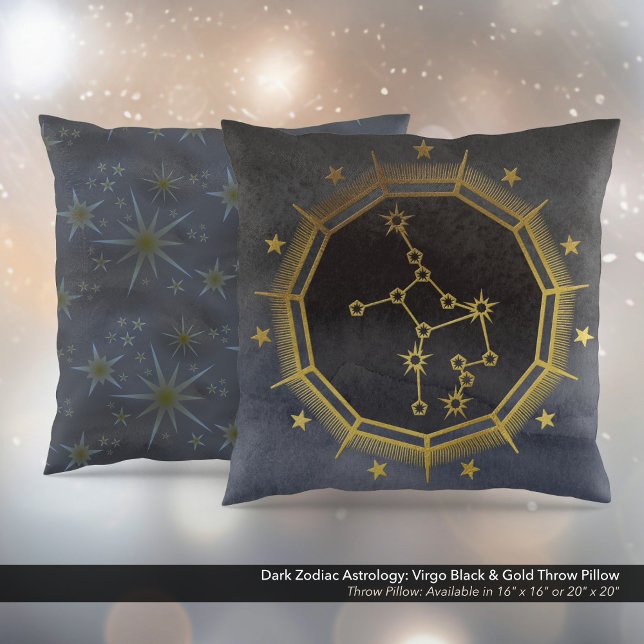 Cojín Decorativo Astrología zodiaca oscura: Virgo negro y oro (Dark Zodiac Astrology: Virgo Black & Gold Square Throw Pillow)