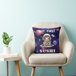 Cojín Decorativo Astronauta comiendo texto blanco sushi
