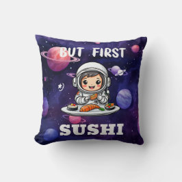 Cojín Decorativo Astronauta comiendo texto blanco sushi
