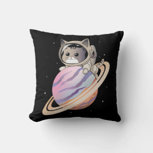 Cojín Decorativo Astronauta del gato espacial con planeta Saturno