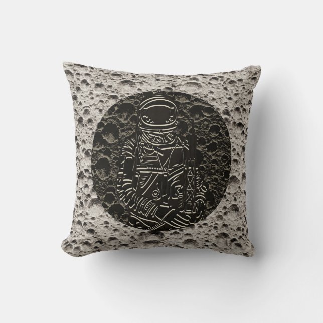 Cojín Decorativo Astronauta en el espacio lunar negro y gris (Anverso)