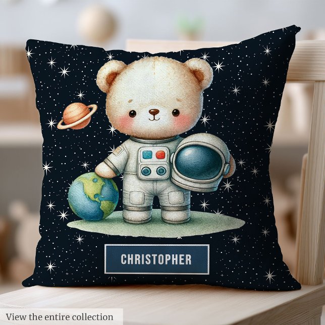Cojín Decorativo Astronauta Teddy Bear Niño Pillow Personalizado (Astronaut Teddy Bear Baby Boy Pillow Personalized)