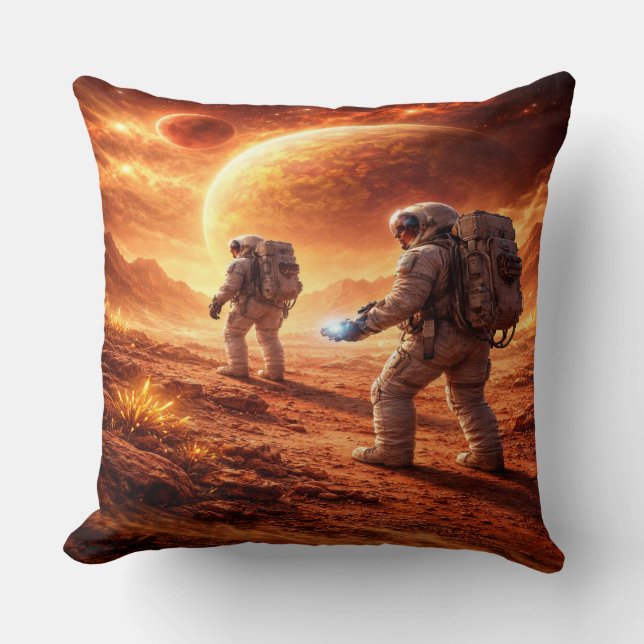 Cojín Decorativo Astronautas exploran planeta naranja (Anverso)