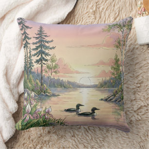 Cojín Decorativo Atardecer en el lago Minnesota con somorgujos, coj
