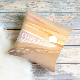 Cojín Decorativo Atardecer en la Playa Acuarela   Hermoso Amarillo