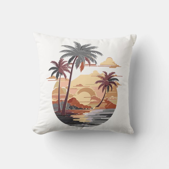 Cojín Decorativo Atardecer hawaiano con palmera. (Anverso)