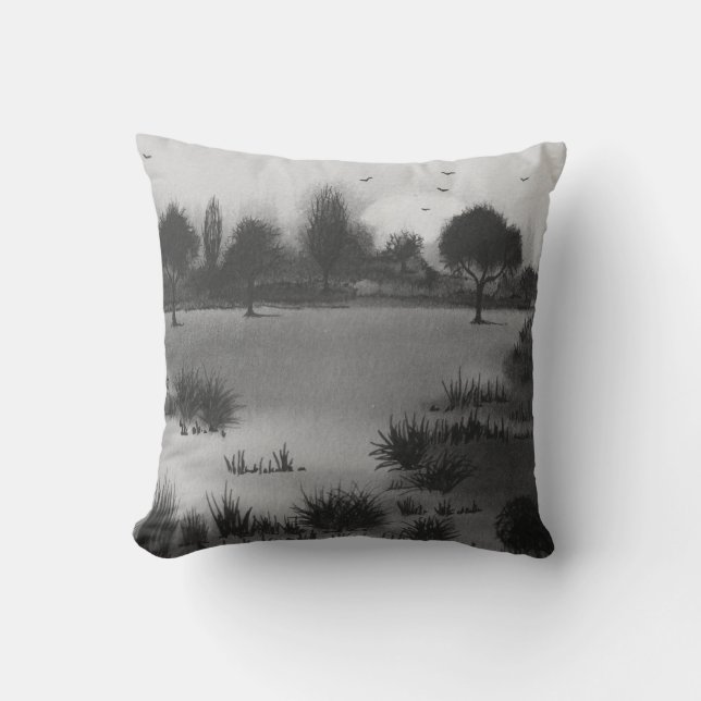 Cojín Decorativo atardecer paisajístico monocromo rústico de bosque (Anverso)