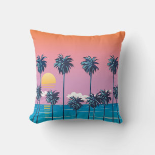 Cojín Decorativo Atardecer tropical: Ilustracion de playa vintage