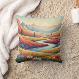 Cojín Decorativo Atardecer Vibrante Paisaje Moderno de Montaña y Fl