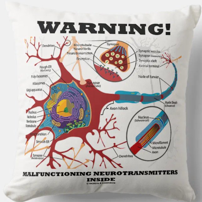 Cojín Decorativo ¡Atención! Neurotransmisores en mal funcionamiento (Throw pillow featuring neuron/synapse along with the funny biopsychology saying)