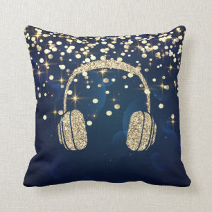 Cojín Decorativo Auriculares con purpurina dorada,estrellas puntos 