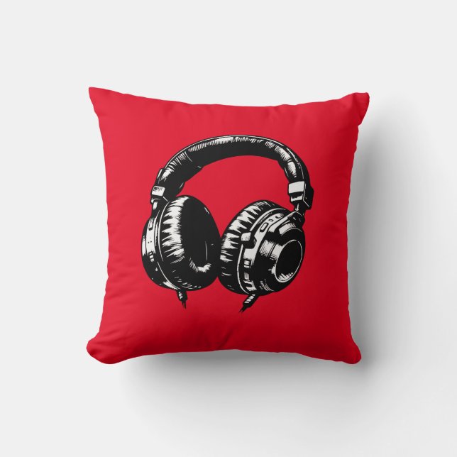 Cojín Decorativo Auriculares de música negra DJ (Anverso)