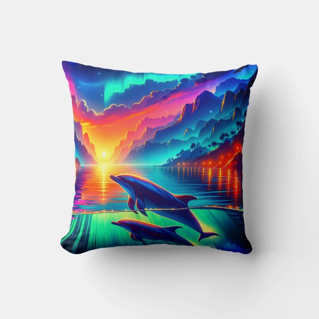 Cojín Decorativo "Aurora Dolphin Sunset - Vibrante arte oceánico" (Anverso)