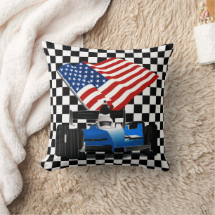 Cojín Decorativo Auto de Carreras con Bandera Americana