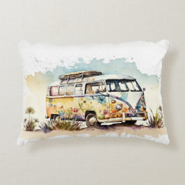 Cojín Decorativo Autobús Hippie Retro Watercolor con Flores