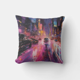 Cojín Decorativo Autopista nocturno en vibrante paisaje urbano