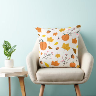 Cojín Decorativo Autumn Leaves and Pumpkins with Pastel Yellow Back