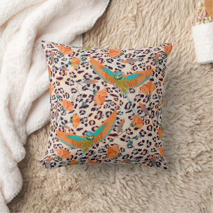 Cojín Decorativo Ave de Paraíso, piel de leopardo, Coral y turquesa