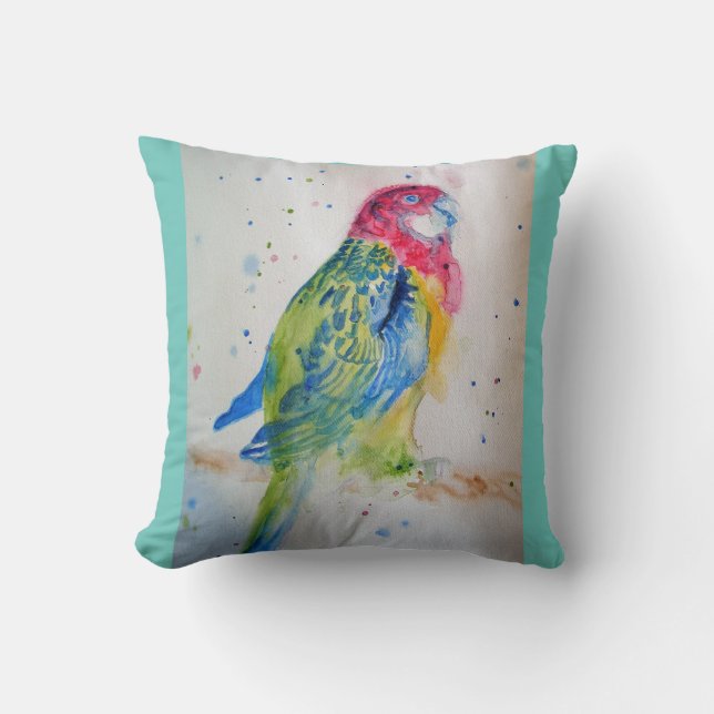 Cojín Decorativo Ave de Rosella Parrot acuarela Cushion Aqua (Anverso)