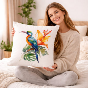 Cojín Decorativo Ave del Paraíso, fantástica ave y flor colorida