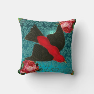 COJÍN DECORATIVO AVE ROJO NEGRO, ROSAS ROSAS ROSAS ROSAS AQUÍ AZUL,