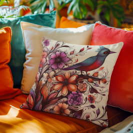 Cojín Decorativo Ave Rojo y Verano de flores