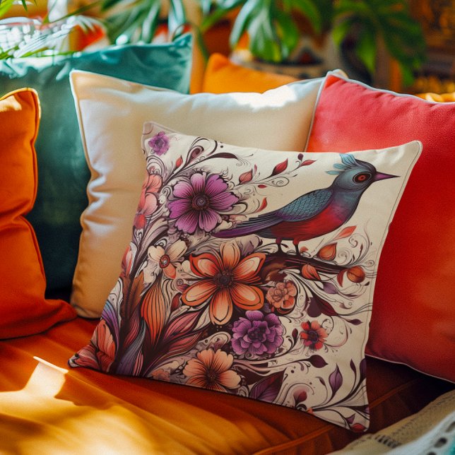 Cojín Decorativo Ave Rojo y Verano de flores (Gorgeous Red bird and floral Summer Throw Pillow)