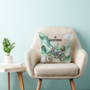 Cojín Decorativo Aventura en motocicleta verde crema