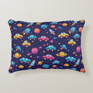 Cojín Decorativo Aventura Espacial Colorida Con Coches, Cohetes