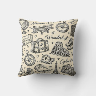 Cojín Decorativo Aventuras de viaje vintage patrón continuo