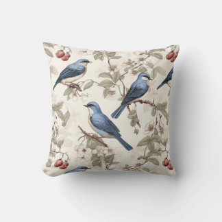 Cojín Decorativo Aves azules con bayas y flores vintage