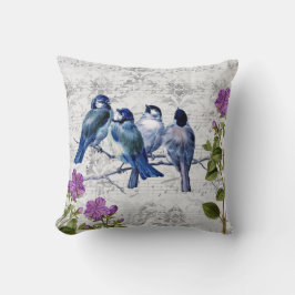 Cojín Decorativo Aves azules vintage, flores moradas, música de hoj